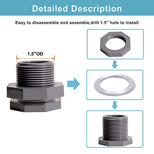 Ququyi 3/4 Inch PVC Bulkhead Water Tank Connector Adapter Fitting with Plugs Thru-Bulk Pipe Fitting for Rain Barrels, Aquariums, Ponds(Set of 3) - size: 3/4"-3pcs