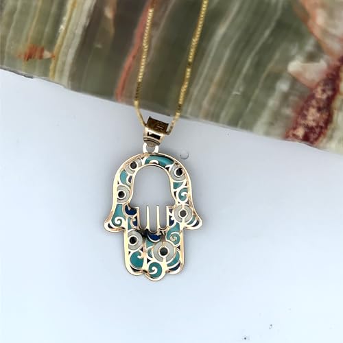 14K Solid Gold Pendant Necklace Hand-Painted Abstract Hamsa Hand and Allah Calligraphy (Evil Eye) - Gift for Men, Women, Daughter, Son, Unisex Adults, Kids - color: Gold & Light Green Evil Eye in Hamsa Hand, style: Pendant w/ Cuban Link 18"