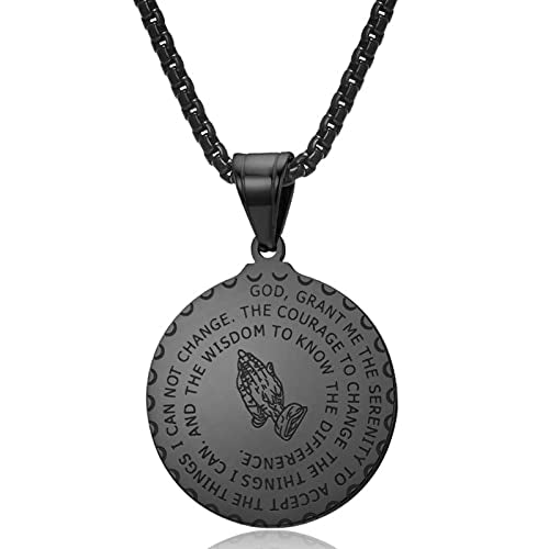 Serenity Prayer Necklace Praying Hands Coin Pendant for Men Women - color: Black