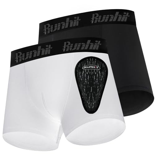 Runhit Boys Baseball Cup Underwear Football Cup Boxer Brief Youth Compression Shorts with Soft Protective Athletic Cup - color: Black*1 White*1, size: Large