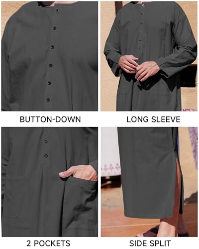 YAOHUOLE Kaftan for Men Long Sleeve Muslim Men Thobe Kaftan Thobe with Pockets - color: Dark Gray, size: Large