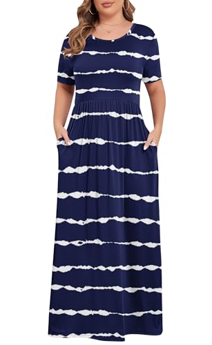 KARALIN Women Plus Size Maxi Dress Short Sleeve Round Neck Loose Fit A-Line - color: 002 Ripple Blue Stripes, size: 16 Plus