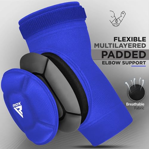 RDX Elbow Pads, Muay Thai MMA Kickboxing Sparring Elbow Guard, Martial Arts Striking Protection,Wrestling Basketball Adjustable MTB Volleyball Compression Padded Sleeve, Men Women - color: Blue White, size: Small