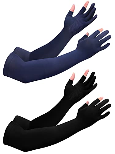 Bencailor 2 Pairs Sun Arm Sleeves for Men Women with 2 Finger Holes Anti Slip Long Cooling Arm UV Protective Sleeves - color: Black, Navy