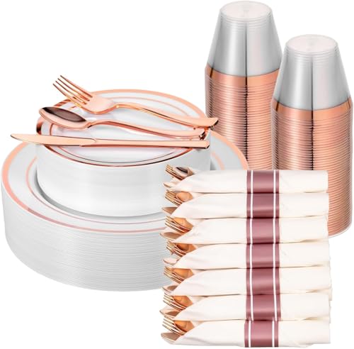 realluck 350 PCS White and Rose Gold Plastic Dinnerware Set for 50 Guests, 100 Plates for Party, 50 Pre Rolled Napkins with Gold Silverware, 50 Cups - color: Rose Gold, size: 50 Guests