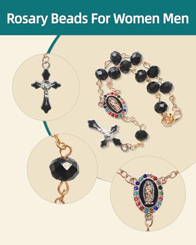 Rimvoe Car Rosary for Rearview Mirror Hanging - Catholic Religious Devout Gift with Virgin Mary Charm and Crucifix, Ideal Catholic Rosary Gifts for Men & Women (Black)
