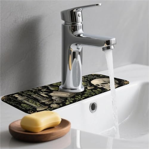 Kitchen Sink Splash Guard，Plants books skulls-1 Faucet Mat Sink Gadgets-Super Absorbent Fast Drying Mat Drip Catcher for Kitchen, Bathroom,Sink Mat, Dish Drying Mat, Bathroom(15" X 5.5" ) - color: Plants books skulls-1