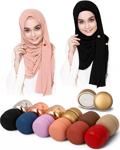 Janinka 12 Pairs Muslim Hijab Magnets Pins with 2 Scarf Set Instant Hijabs for Women Strong Magnetic Pins Lightweight Wrap Chiffon Head Scarves Shawl No-snag Multi-use for Ramadan Clothes Outfit