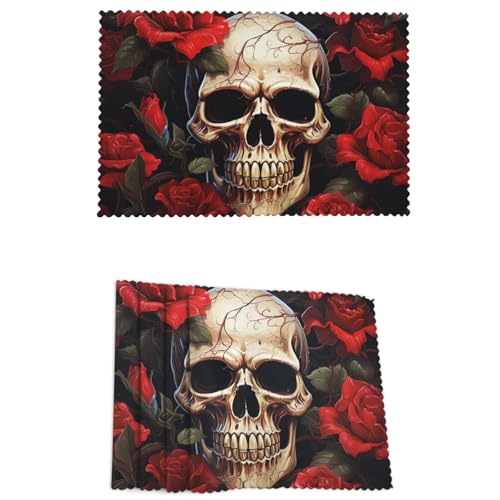 Placemats Set of 4 Heat Resistant Skull Rose-Red Place mat for Dining Table Non-Slip Table Mats Desktop Protection Pad Washable Place Mats for Kitchen Dining Outdoor - color: Skull Rose-red