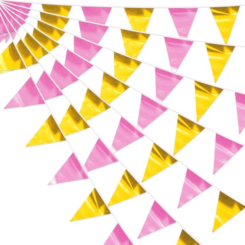 4P Pink Gold Party Decorations - Metallic Fabric Triangle Pennant Banner Flags - Indoor/Outdoor Bunting Garland for Birthday, Wedding, Graduation & Theme Parties - color: Pink Gold