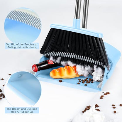 BSKLIN Broom and Dustpan Set for Home, 52" Long Handle Broom Set with Dustpan Teeth to Clean Hair Sweeping Indoor and Outdoor (Blue) - size: Small-Blue