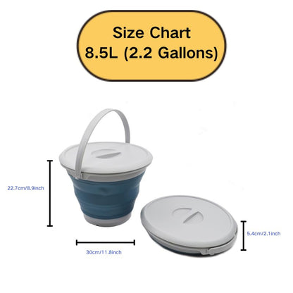 SAMMART 8.5L (2.2 Gallon) Collapsible Plastic Bucket with Lid - Foldable Round Tub with Lid - Portable Fishing Water Pail - Space Saving Outdoor Waterpot. Size 31cm Dia (Grey/Steel Blue, 1)