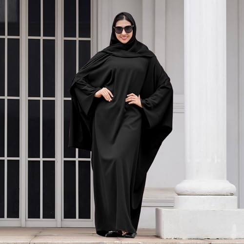 IDOPIP Abayas for Women Muslim Dress with Hijab, One-Piece Long Sleeve Islamic Prayer Dress with Khimar Jilbab Kaftan Clothes - color: Black + Hijab