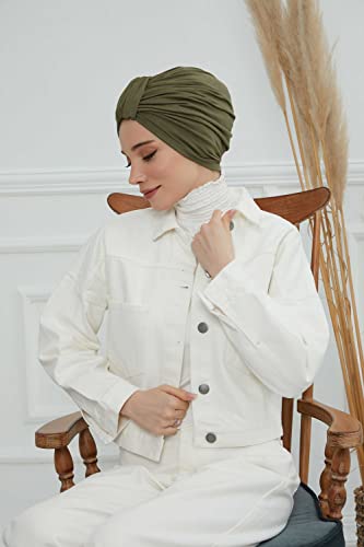 Aisha's Design Instant Turban Plain Cotton Scarf Head Wrap Lightweight Hat Bonnet Cap for Women - color: Khaki