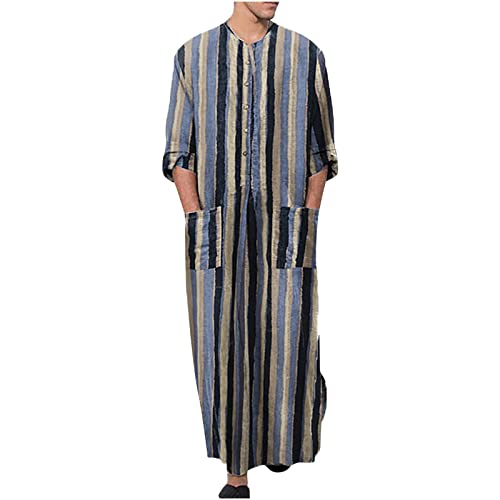 Men's Striped Robe Long Sleeve Zip-Up Thobe Long Gown Muslim Middle East Kaftan Dresses Muslim Dubai Clothes - color: Type 2:blue, size: X-Large
