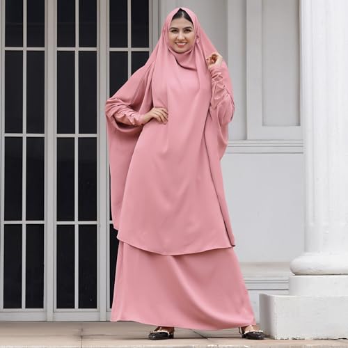 Abayas for Women Muslim Chiffon Prayer Burqa Dress Burkas for Women Muslim Hijab Dress Full Length Islamic Veil Abaya Set - color: Pink