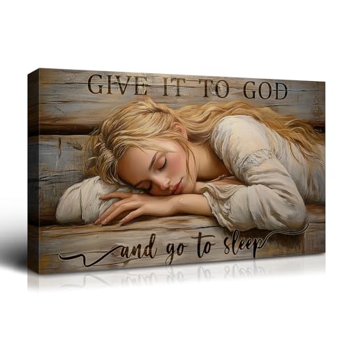 Wewejia Bedroom Bedside Canvas Wall Art 16x12 inch, Give It to God and Go to Sleep Picture Christian Girl Painting Wall Art Printable, Inspirational Bible Verse, Cool Girl Room Decor - color: WWJYSS140, size: 18"L x 12"W