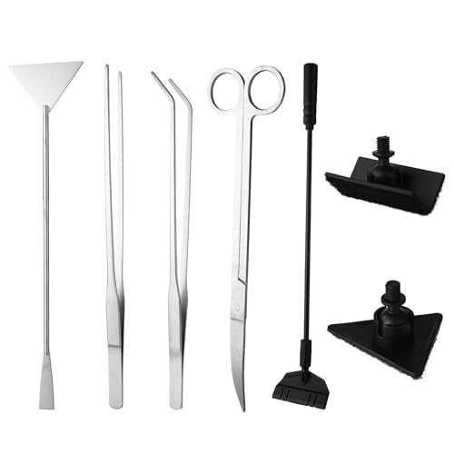 7 Pcs Aquarium Aquascape Tools Kit, Stainless Steel Aquatic Plant Aquascaping Set with Straight/Curved Long Tweezers Scissors Spatula Algae Scraper & 2 Replacement Heads Fish Tank Cleaning Kit