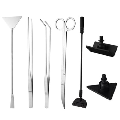 7 Pcs Aquarium Aquascape Tools Kit, Stainless Steel Aquatic Plant Aquascaping Set with Straight/Curved Long Tweezers Scissors Spatula Algae Scraper & 2 Replacement Heads Fish Tank Cleaning Kit