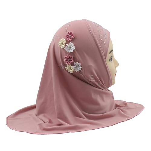 Instant Hijab for Kids Girls Hijabs Muslim Islamic Head Scarf with Rhinestone and Flowers - color: Dark Pink