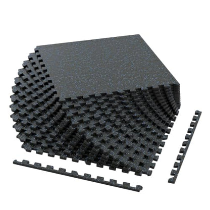 Giantex 12-Pack Interlocking Rubber Gym Floor Mats, 0.4'' Thick 24''x24'' Puzzle Tiles with Border Strips, 48 sq.ft Anti-Slip, Noise-Reducing Flooring for Home Workout Exercise (Black/Blue Speckled) - size: 0.4'' | 12 Tiles | 48 Sq Ft
