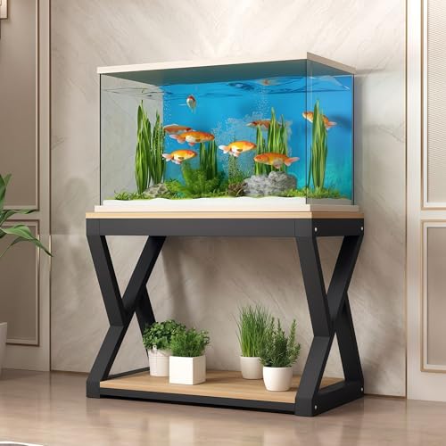 Two-tier Aquarium Stand,Minimalist Aquarium Table,Unique Design,High Load Capacity, Easy To Install, Ideal For Home Use(Black+Light Walnut,19.6x15.7in) - color: Black+Light Walnut, size: 19.6x15.7in