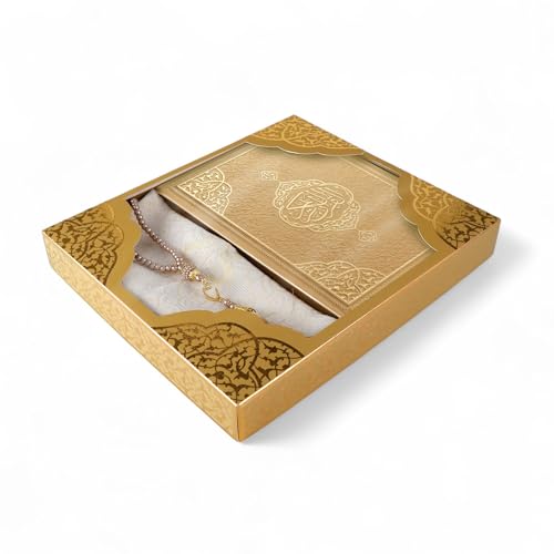 FURKAN Thermo Leather Quran with Gold Prayer Rug and Prayer Beads, Zuhre Gift Box - Gold - color: Gold