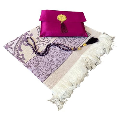 Muslim Prayer Rug and Beads with Elegant Slub Fabric Bag | Janamaz | Sajadah | Soft Islamic Prayer Rug | Islamic & Mawlid Gifts | Prayer Carpet Mat, Taffeta Fabric (Purple, 1 Sets) - color: Purple, size: 1 Sets