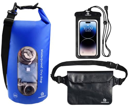 Freegrace Waterproof Dry Bag Set of 3 - Submersible Dry Sack with Double Zip Lock Seals - Includes Waist Pouch & Phone Case - Perfect for Kayaking, Swimming, Boating & Rafting (Navy Blue(Window), 5L) - color: Navy Blue, size: 5L, style: Window