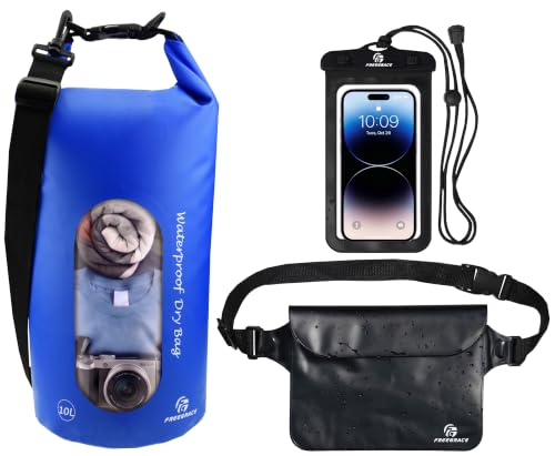Freegrace Waterproof Dry Bag Set of 3 - Submersible Dry Sack with Double Zip Lock Seals - Includes Waist Pouch & Phone Case - Perfect for Kayaking, Swimming, Boating & Rafting (Navy Blue Window, 10L) - color: Navy Blue, size: 10L, style: Window