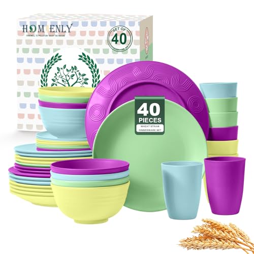 Homienly 40-Piece Kichen Dinnerware Set, Wheat Straw Dinnerware Set, Plates, Bowls, Drinking Cups, Service for 8, Dishwasher & Microwave Safe Dish Set, Unbreakable Plates and Bowls Set - Memphis - color: Memphis Series, size: 40 PCS