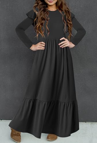 HOSIKA Girls Fall Ruffle Long Sleeve Crew Neck Loose Casual Flowy Tiered Maxi Dress with Pockets for 6-12 Y - color: Balck, size: 6 Years
