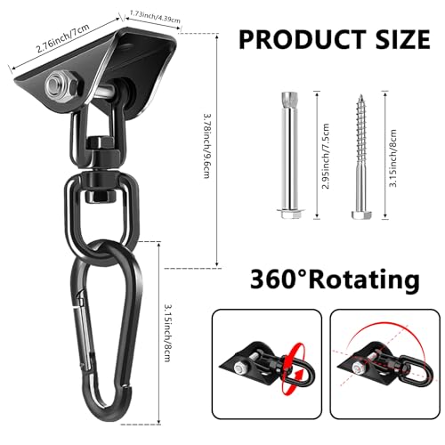 Hammock Hanging Kit, 360° Rotating Heavy Duty Swing Chair Hook 1200 lbs Capacity, Ceiling Mount Hammock Chair Hardware with Carabiner for Indoor Outdoor Yoga, Tree, Porch, Seat, Home Gym - size: 2PCS