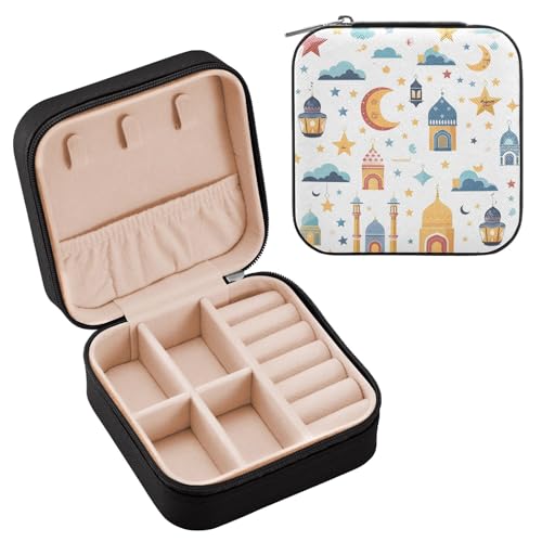 Travel Jewelry Case Islamic Background Traditional Lantern Star and House Portable PU Leather Jewelry Storage Organizer