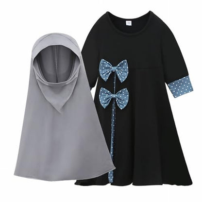 Abaya for Toddler Baby Girls Muslim Prayer Clothes with Hijab Kids Maxi Dress Middle East Dubai Islamic Clothing - color: Black, size: 4-5T