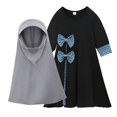 Abaya for Toddler Baby Girls Muslim Prayer Clothes with Hijab Kids Maxi Dress Middle East Dubai Islamic Clothing - color: Black, size: 7-8 Years