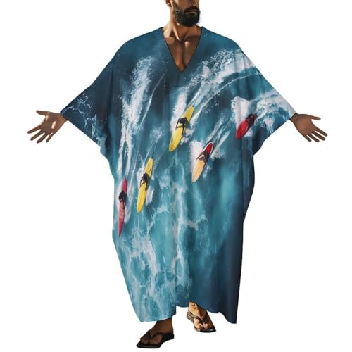 Surfers Surfing on Boards Men's Kaftan Thobe V-Neck Long Gown Loose Robe - size: Large