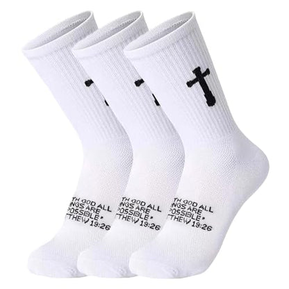 3 Pairs Christian socks Prayer socks Birthday Gifts for Dad,Men Husband Grandp Fathers Day Christmas - color: Matthew 19:26 - White