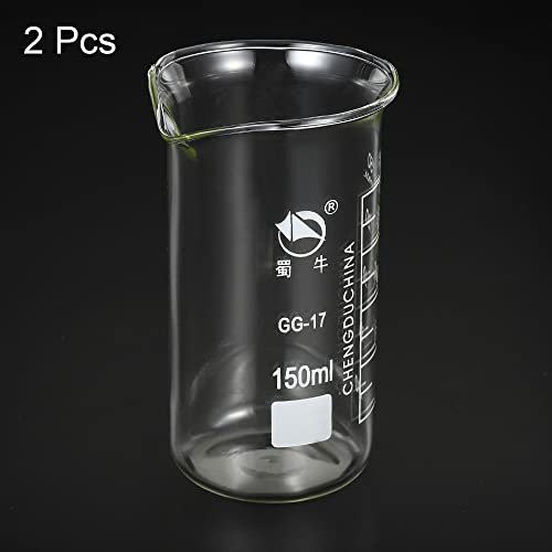 PATIKIL 150ml Tall Form Glass Beaker, 2 Pack 3.3 Borosilicate Glass Graduated Printed Scale Measuring Cups with Spout for Kitchen Lab Liquids Transit Boiling - size: 150ml