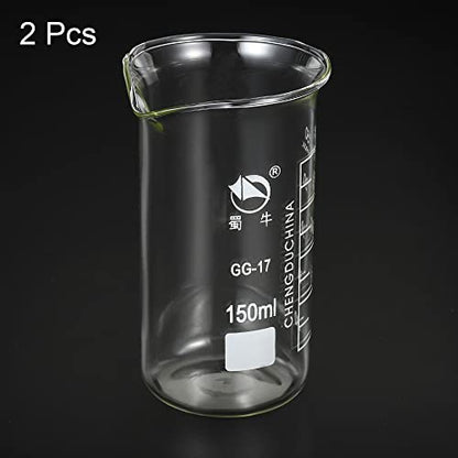 PATIKIL 150ml Tall Form Glass Beaker, 2 Pack 3.3 Borosilicate Glass Graduated Printed Scale Measuring Cups with Spout for Kitchen Lab Liquids Transit Boiling - size: 150ml