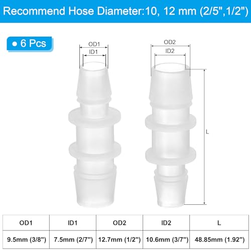 PATIKIL 2/5" to 1/2" 6 Pcs Plastic Hose Barb Fittings, Reducer Tube Fittings Pipe Line Adapter Union Splicer Joint Kit for Air Gas Water System Liquid Fuel Line Aquarium Tube Pump - size: 2/5"-1/2",(0.67"x1.92")