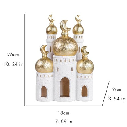 Hebdids，Mubarak Decorative ，White and Gold, 10.24 x 7.09 x 3.54 inches, Modern Style, Resin Material ， Mosque Castle Sculpture - size: 7.09*3.54*10.24in