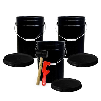 5 Gallon Plastic Bucket with Airtight Lid | Made in USA | Food Grade Bucket | BPA-Free | Heavy Duty 90 Mil All Purpose Pail | One 12" Rubber Mallet & One Lid Opener Included | 3 Pack | Airtight Lid, Mallet and Lid Opener Included, Heavy-Duty 90 Mil HDPE P