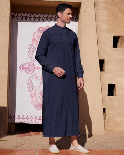 YAOHUOLE Muslim Thobe for Men Button down Mens Caftans Big and Tall Mens Arab Thobe with Pocket - color: Dark Blue, size: Large