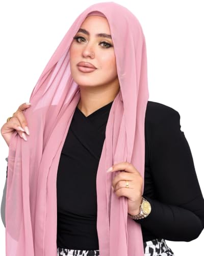 Instant Chiffon Hijab 3-in-1 with Built-in Magnets and Attached Match Undercap, Women Hijabs Set. - color: Pink