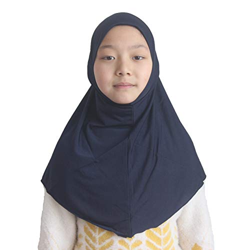 Girls Hijab Muslim Scarf for Kids – Ready to Wear, Solid Color, Soft & Breathable Daily Headwear for Ages 6-11 - color: Navy Blue