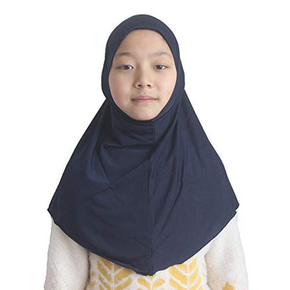 Girls Hijab Muslim Scarf for Kids – Ready to Wear, Solid Color, Soft & Breathable Daily Headwear for Ages 6-11 - color: Navy Blue