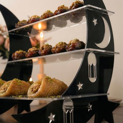 Iwa Concept 3-Tier Acrylic Ramadan Serving Tray | Crescent Moon & Star Design | Elegant Dessert & Nut Presentation Stand for Iftar and Eid Celebrations - color: Black Gold