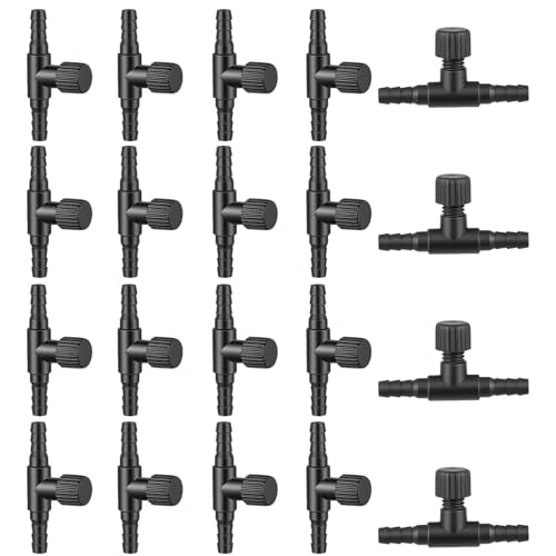 20 Pcs Aquarium Air Control Valves for 3/16" (4mm) ID Airline Tubing, Adjustable Black T Shaped Hose Connectors Single Way Plastic Air Flow Controllers Regulators Pump Accessories