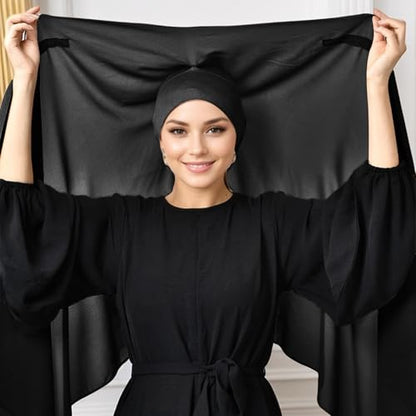 Instant Hijab Set 3-in-1 Chiffon Hijab Scarf for Women with Built-in Magnets and Undercap Head Wraps - color: Black